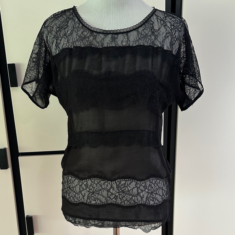 Sandro Black Sheer Lace Blouse